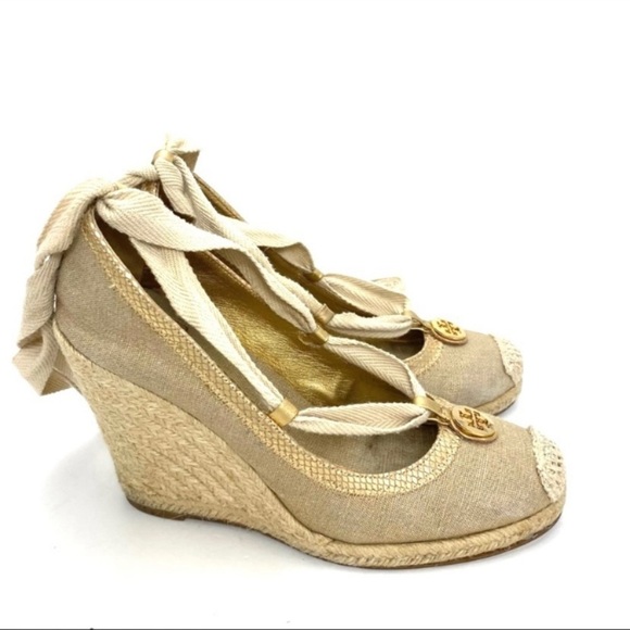 TORY Burch Canvas Lace up Ankle Espadrilles Wedge Heel In Gold Size 9 - Picture 5 of 8